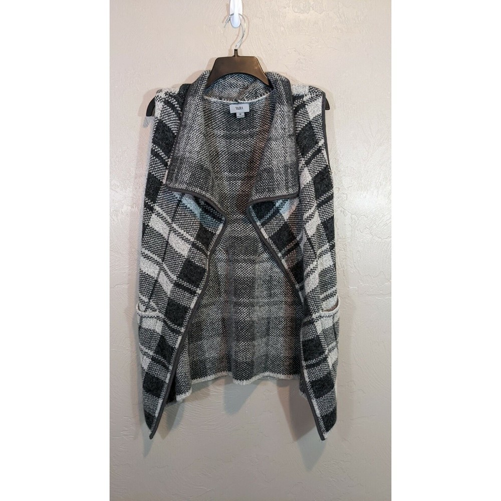 Yaira Womens Medium Grey Plaid Acrylic Blend Open Cardigan Vest Pockets